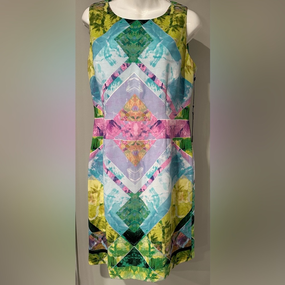 NWT. Ivanka Trump Purple and Green Sheath Dress Sleeveless Crew Neck Cocktail